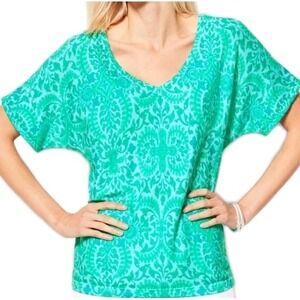 Talbots Women's Royal Medallion V-Neck Sweater Size Large Blue Green Classic Top